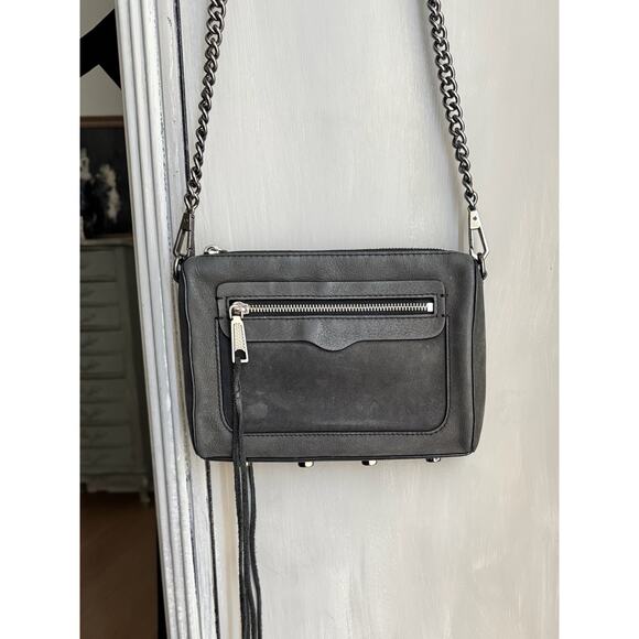 Rebecca Minkoff Crossbody Bag Avery Boho Gray Nubuck Suede Gunmetal Chain Strap - Picture 4 of 10